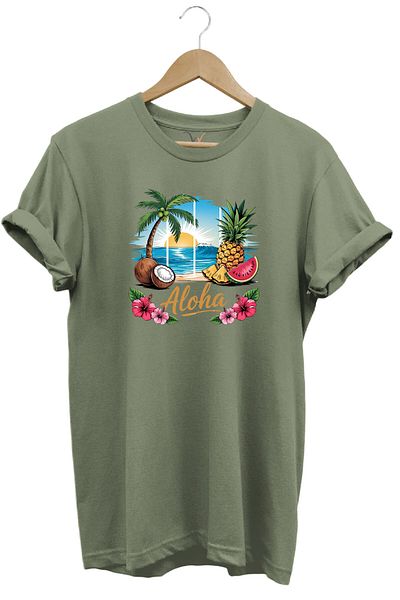 WİDİ Vibe de vară Aloha Tricou unisex din bumbac 100% cu imprimeu de nucă de cocos pe plaja de vară
