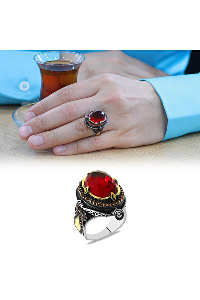 Tesbihane Faset Kırmızı Zirkon Taşlı Kral Tacı Tasarım Kişiye Özel İsim Harf Yazılı 925 Ayar Gümüş Erkek Yüzük