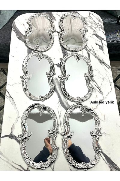 NEWTREND Züccaciye 6 Pieces Silver Stainless Steel Artnova Embroidered Pattern Tea, Coffee, Treats and Dowry Presentation Tray