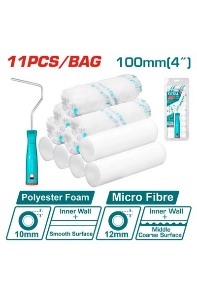 TOTAL Total 4" 11pcs/set Paint Roller Replacement Kit with Handle Tht81121001