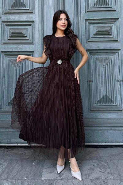 lodmela Straplez Yaka Omuz Fırfır Detaylı Kemerli Abiye Elbise 2282-Kahverengi