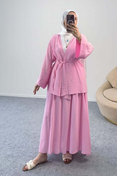 Hatun Atila Kimono Blouse with Belted Stone Detail and Long Skirt Double Set 8866 - Pink