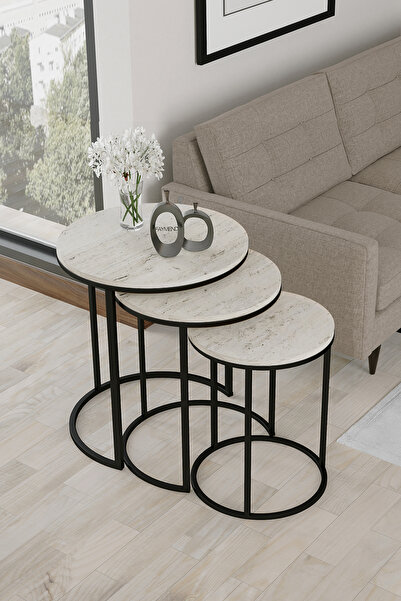 FAYMEND 3lü Zigon Sehpa Takımı TRAVERTEN- SİYAH