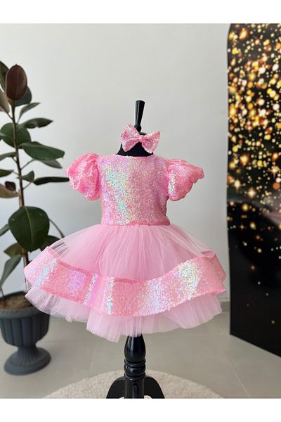 İkrabutikbursa Pink Girl's Evening Dress – Sequined, Puffy, Balloon Sleeves, Stylish Design for Special Occasions