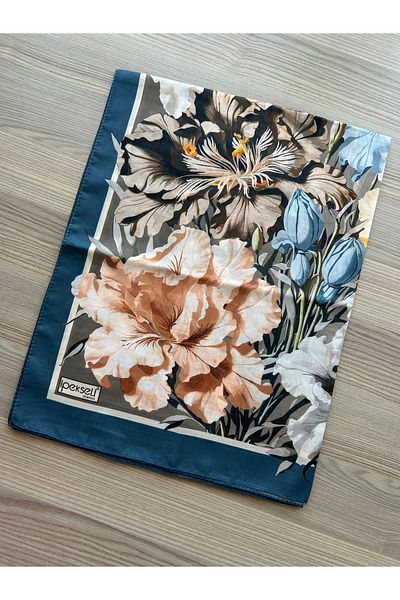 İpekseli Flower Pattern Cotton Shawl Petrol Blue