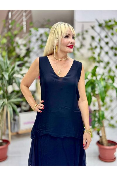 Punta Otantik Ls79772 Italian Sleeveless Back Tie Silk Blouse Black