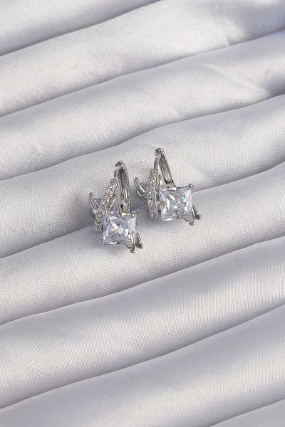 ALFA AKSESUAR 03 Brass Silver Color Chunky Zircon Stone Curvy Minimal Butterfly Hoop Earrings - Tj-Bkp9288