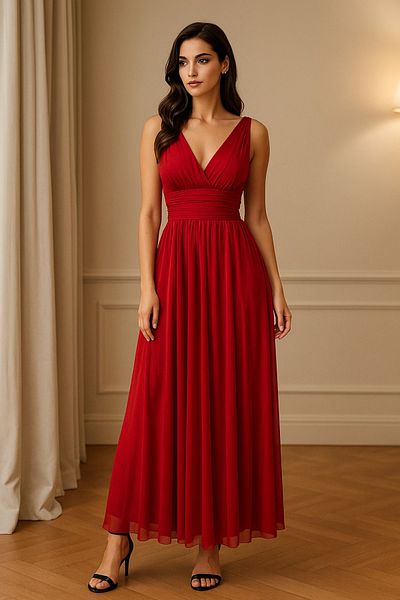 Ceylen Double Breasted Neckline Draped Waist Fitted Tulle Evening Dress