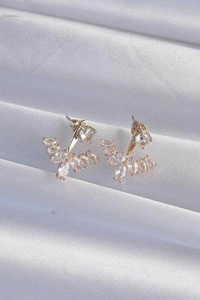 ALFA AKSESUAR 03 Brass Gold Color Zircon Stone V Model Earrings - Tj-Bkp9291