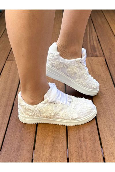 Stilo Wedding Dress Shoes Flat Sole White Satin Elegant Unique Design with Lace and Glitter Appliques