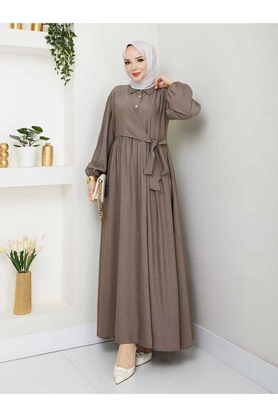 TOKARİS TEKSTİL Women's Front Closure Buttoned Shirt Collar Savior Hijab Strawberry Dress
