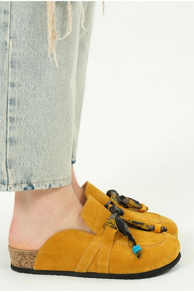 Lemoors Rachel Natural Cork Sole Genuine Suede Leather Tasseled Women's Sabo Slippers