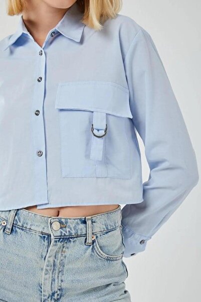 Mixray 4444 Women's Epaulet Crop Shirt Baby Blue