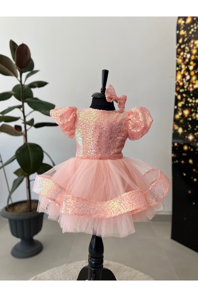 İkrabutikbursa Pink Girl's Evening Dress – Sequined, Puffy, Balloon Sleeves, Stylish Design for Special Occasions