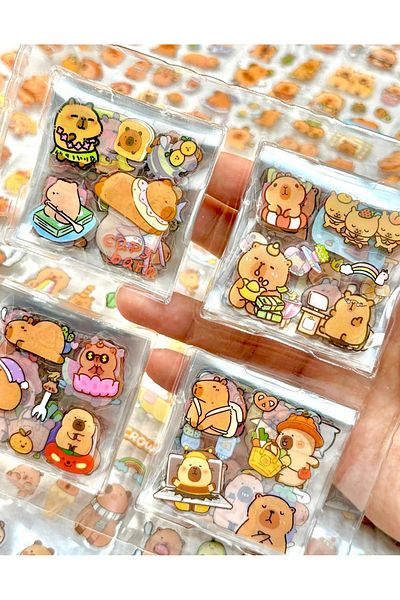 ZeCo Collection 4 Compartments 100 Sheets Capybara Pattern Transparent Pet Sticker Box Waterproof Food with Cute Friends