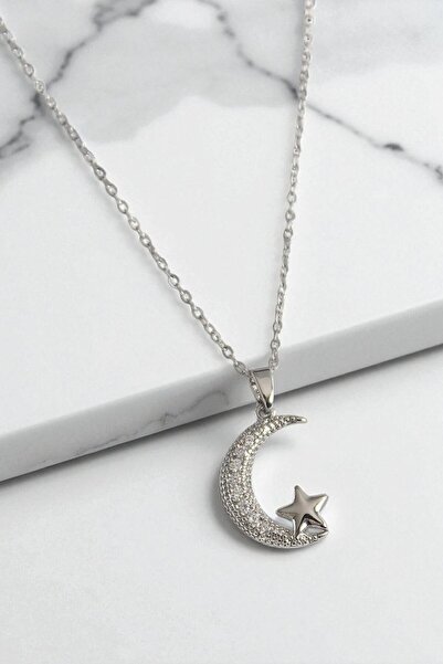 Pointmod قلادة هلال 316L من الفولاذ الفضي اللون مرصعة بحجر الزركون والقمر وال...