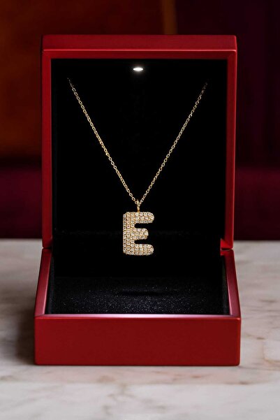 KAR DİAMOND Tamamı 925 Ayar Gümüş Altın Kaplama E Harfi Kolye - Sertifikalı I...