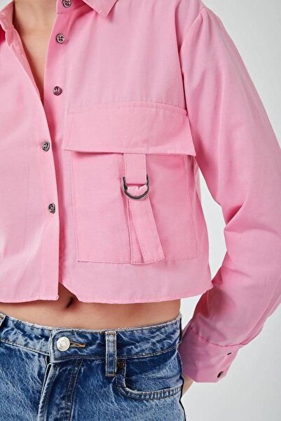 Mixray 4444 Women's Epaulet Crop Shirt Candy Pink