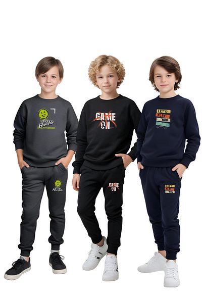 FYK COLLECTİON 3-Piece Boy's Training Suit with Round Neck Printed