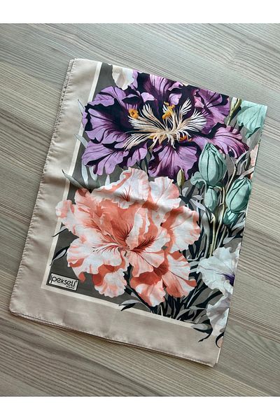 İpekseli Flower Pattern Cotton Shawl Beige