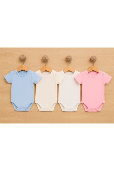 Baby Maa بدلة أطفال قطنية 100% بأكمام قصيرة 4 قطع (خيارات 0-3 أشهر / 3-6 أشهر / 6-9 أشهر / 9-12 شهرًا)