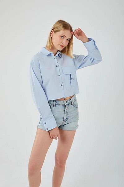 Mixray 4444 Women's Epaulet Crop Shirt Baby Blue
