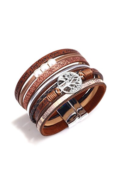 JustZEN Set 6 brățări cu straturi multiple, JustZEN™, Arborele Vieții, Maro, 19 cm