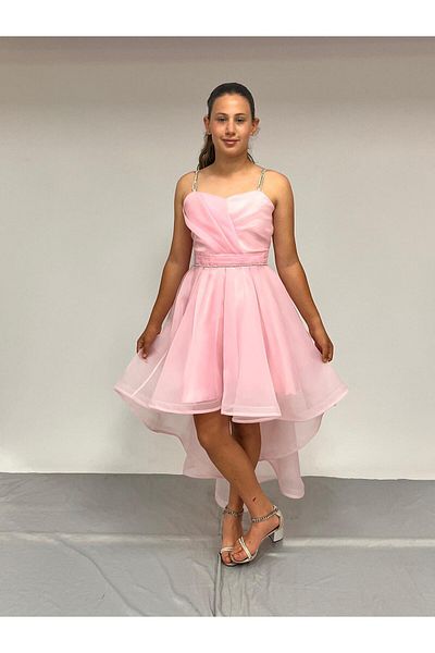 BUTİKHAPPYKİDS Girl's Evening Dress Pink Stone Cord Strap Heart Collar Tailed Chiffon Evening Dress 10-15 Years Old