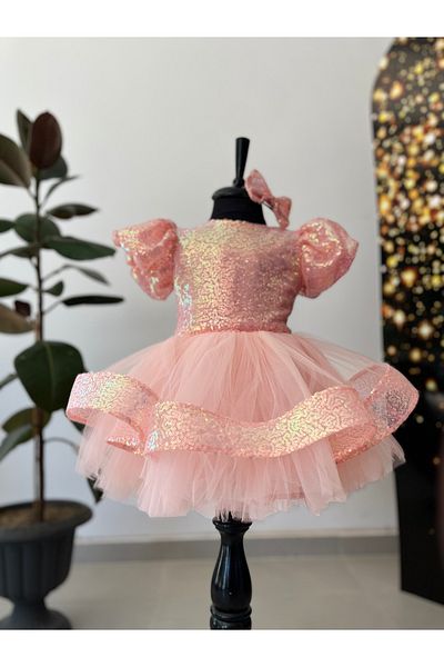 İkrabutikbursa Pink Girl's Evening Dress – Sequined, Puffy, Balloon Sleeves, Stylish Design for Special Occasions
