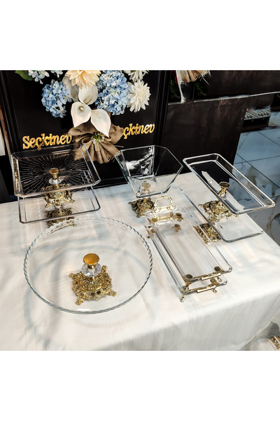 SEÇKİNEV Huge 8 Parça Ayaklı ve Kulplu Masa Sunum Tabağı Set GOLD&GÜMÜŞ