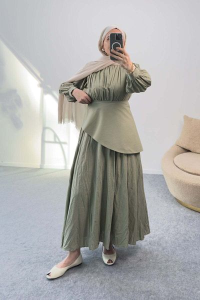 Hatun Atila Waist Scarf Detailed Gathered Linen Voile Dress 5215 - Green
