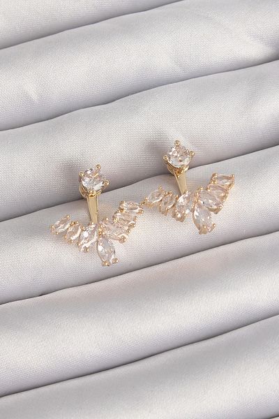 ALFA AKSESUAR 03 Brass Gold Color Zircon Stone V Model Earrings - Tj-Bkp9291