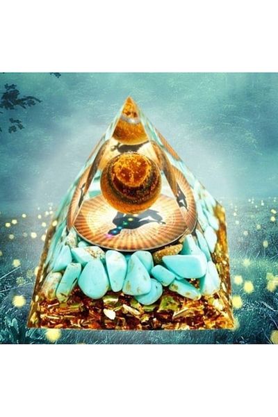 BLA BLA FOAM Orgone Pyramid With Turquoise Stones And Tiger Eye Sphere, Chakra Symbols, 5x5 Cm, Height 6 Cm