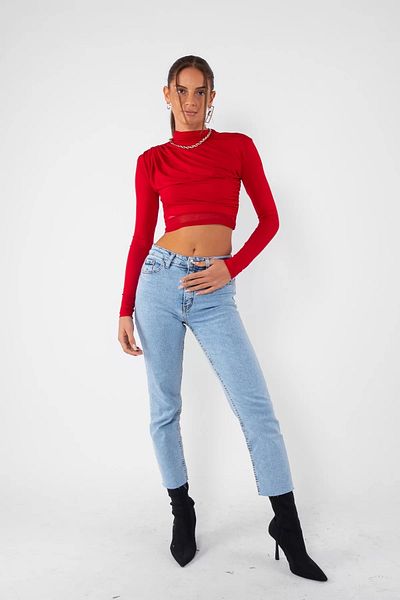 Bak Moda Tulle Detailed Draped Red Crop