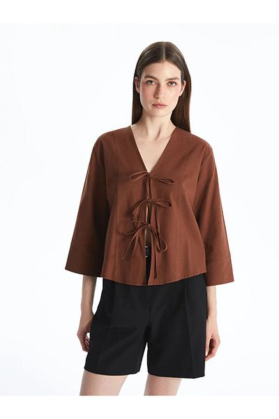 LC Waikiki LCWAIKIKI Κλασική καφέ μπλούζα με λαιμόκοψη σε σχήμα V με φιόγκο μπροστά