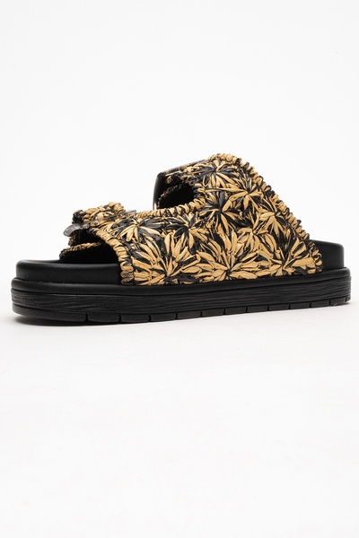 LuviShoes Milana Black Patterned Genuine Leather Buckle Double Strap Women's Slippers