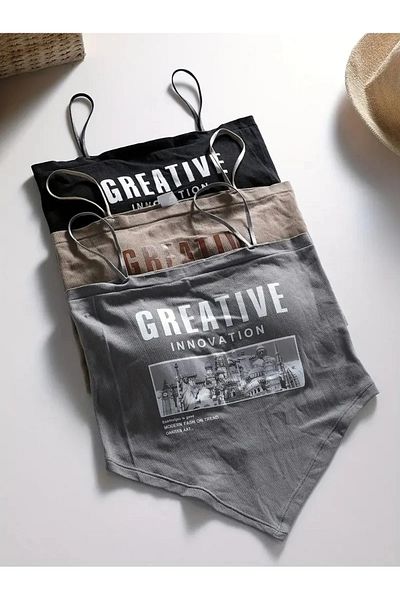 Keywest Γυναικεία Greative Printed Σετ 3 Μπλούζα Crop με λουράκια