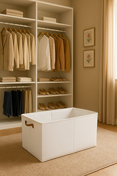 Living صندوق تخزين من القماش الكريمي بمقابض جلدية بنية اللون - أنيق وعملي