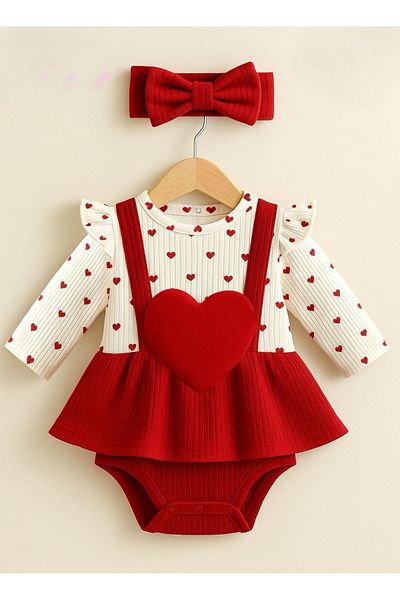 Bulut Baby Baby Girl Heart Pattern 2 Piece Jumpsuit Set with Processing