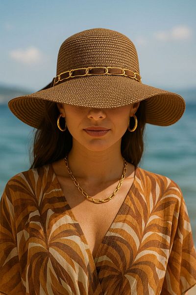 SFCOLLECTION Women's Wide Brim Chain Detailed Straw Beach Hat - Summer Uv Protection Hat