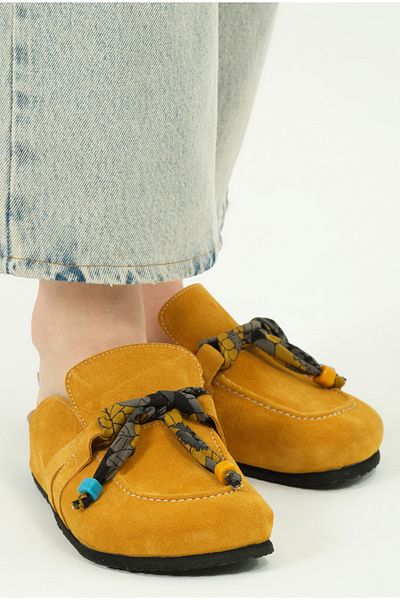 Lemoors Rachel Natural Cork Sole Genuine Suede Leather Tasseled Women's Sabo Slippers