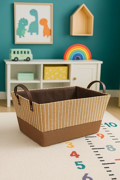Living Rectangular Fabric Storage Basket with Leather Handles – Striped Design