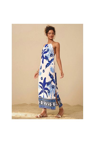 FITINT Rochie de damă cu imprimeu tropical, spate fără mâneci, casual, plajă, multicoloră – 364