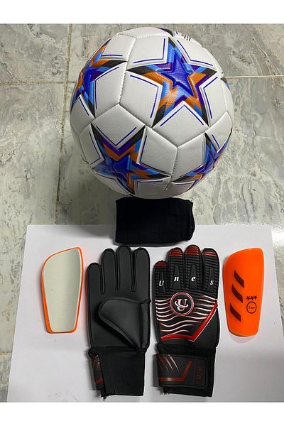 unes 5 No Star Pattern Football Goalkeeper Gloves and Shin Pads Set with Pump Gift