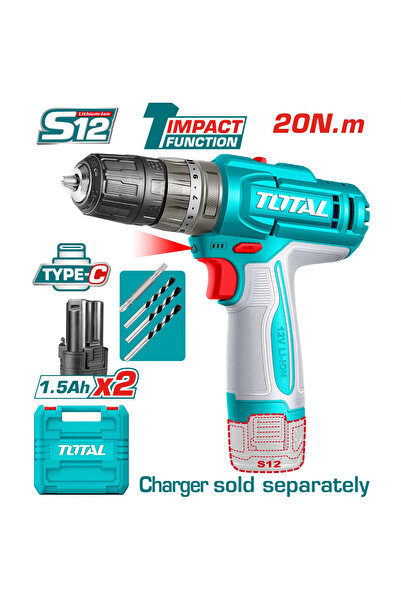 TOTAL دريل بطارية رجاج 12v 20n.m بطاريتين بدون شاحن توتال Tidli12206