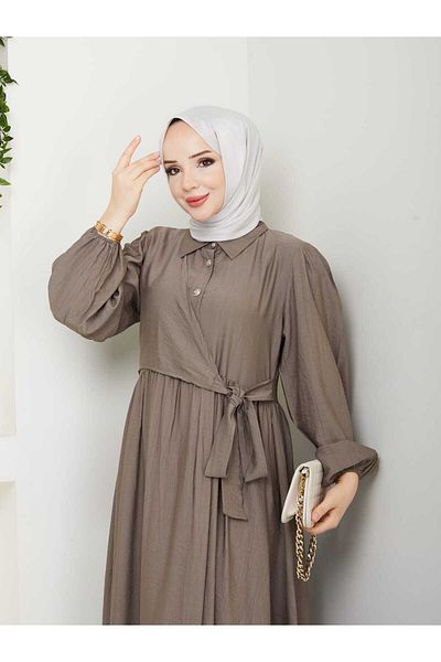 TOKARİS TEKSTİL Women's Front Closure Buttoned Shirt Collar Savior Hijab Strawberry Dress