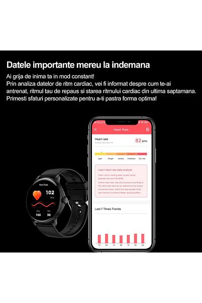 WowStep Smartwatch, Calls, Physical Activities, Sleep, Heart Rate, 7 Days Battery Life, Romanian, Black