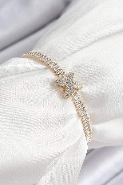 Clariss Brass Zircon Stone X Detailed Waterway Model Gold Color Elevator Women's Bracelet