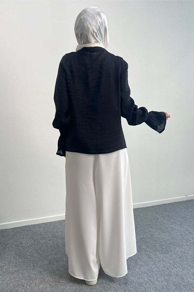 Hatun Atila Cămașă cu mânecă lungă cu detaliu cu volan 8854 - Negru