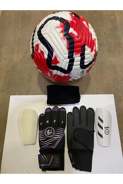 unes 5 No Red Patterned Football Goalkeeper and Shin Pads Set of 3 with Pump Gift